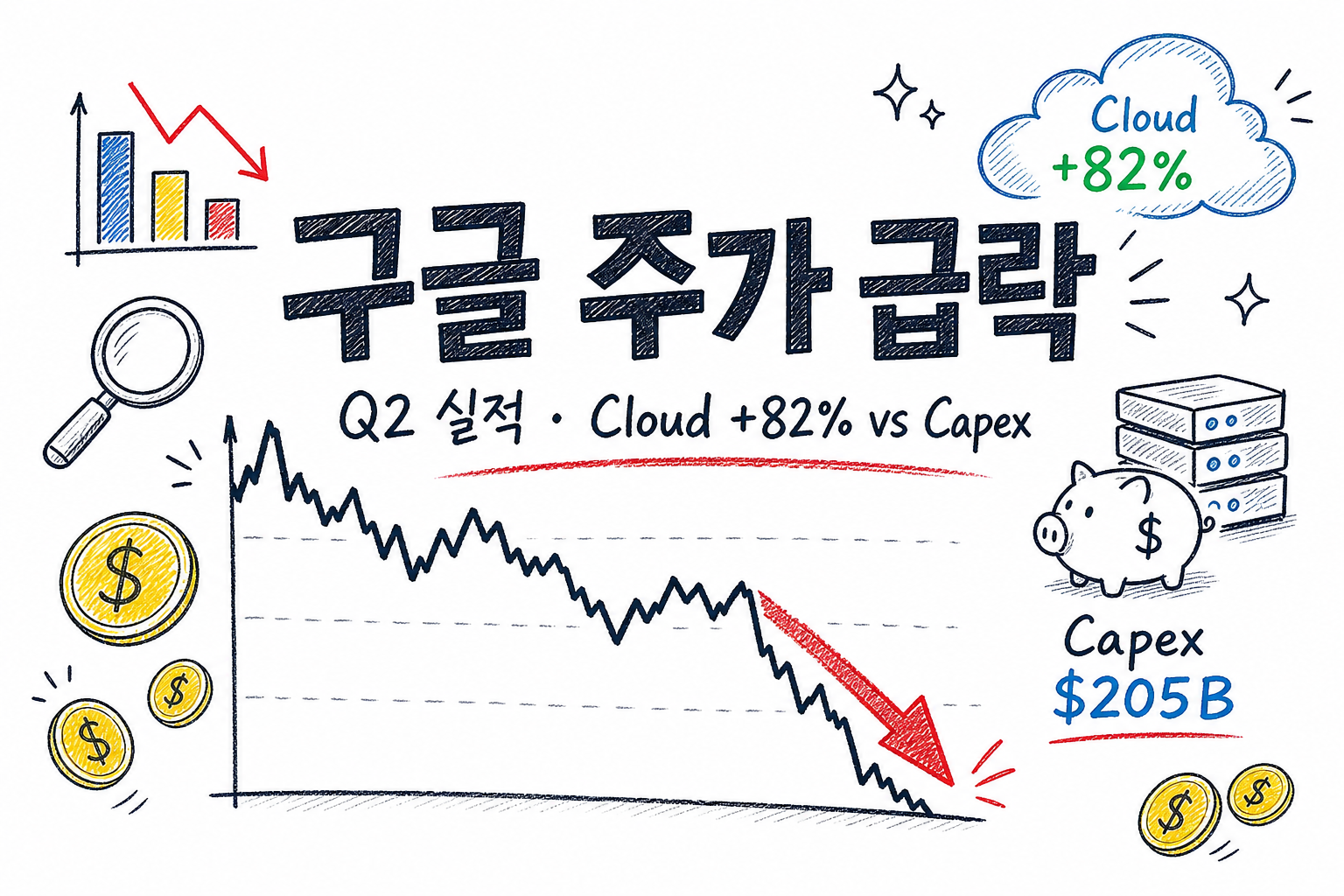 구글 주가 급락 — Q2 클라우드 +82%인데 Capex $205B