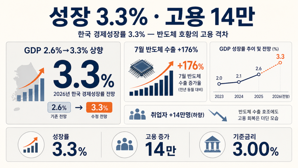 한국 경제성장률 3.3%와 고용 14만명, 반도체 수출 176% 인포그래픽