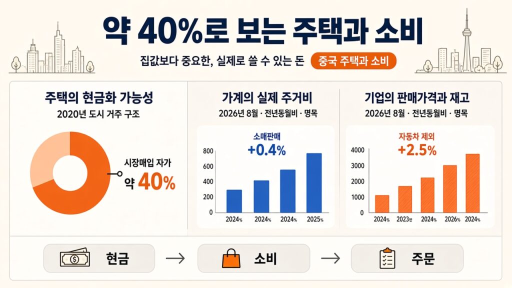 중국 주택과 소비 — 2020년 시장매입 자가 약 40%와 2026년 8월 소매판매