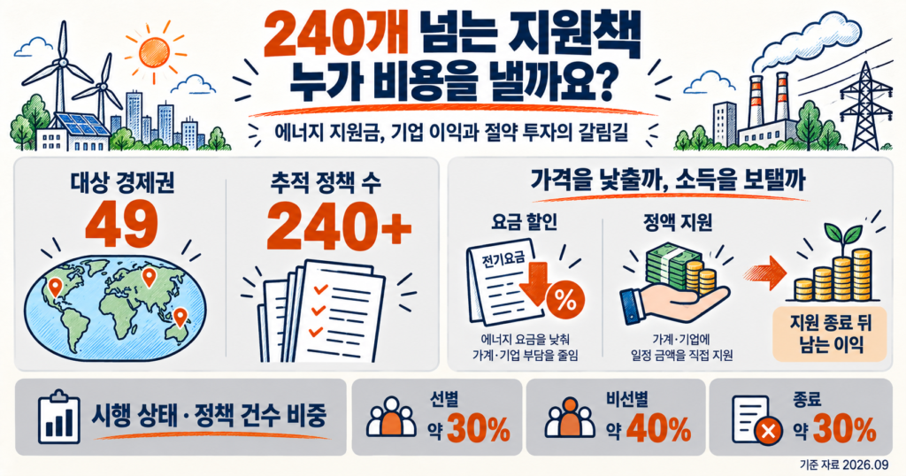 에너지 지원금 2026: 49개 경제권 240개 초과 정책의 설계와 기업 이익