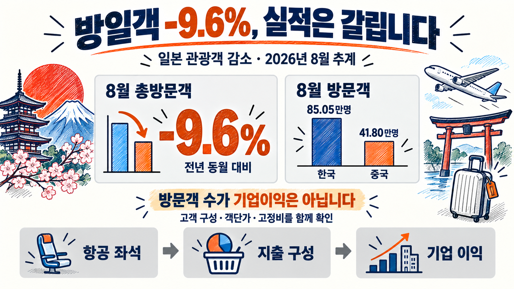 일본 관광객 감소 9.6%, 호텔·항공의 실적은 왜 다를까