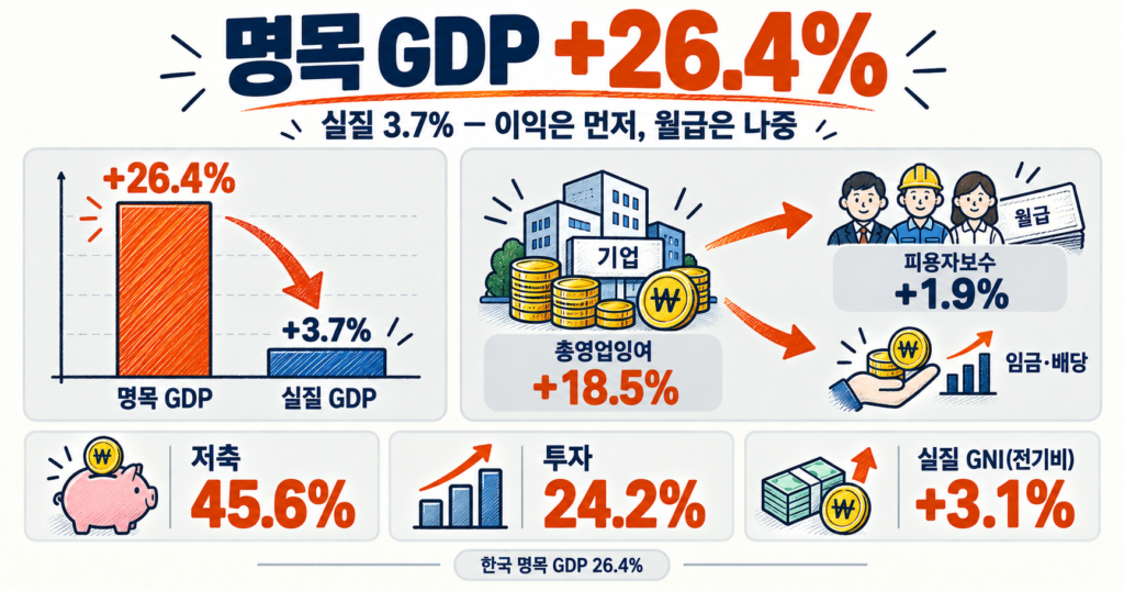 한국 명목 GDP 26.4%와 실질 GDP 3.7%, 저축률 45.6% 비교