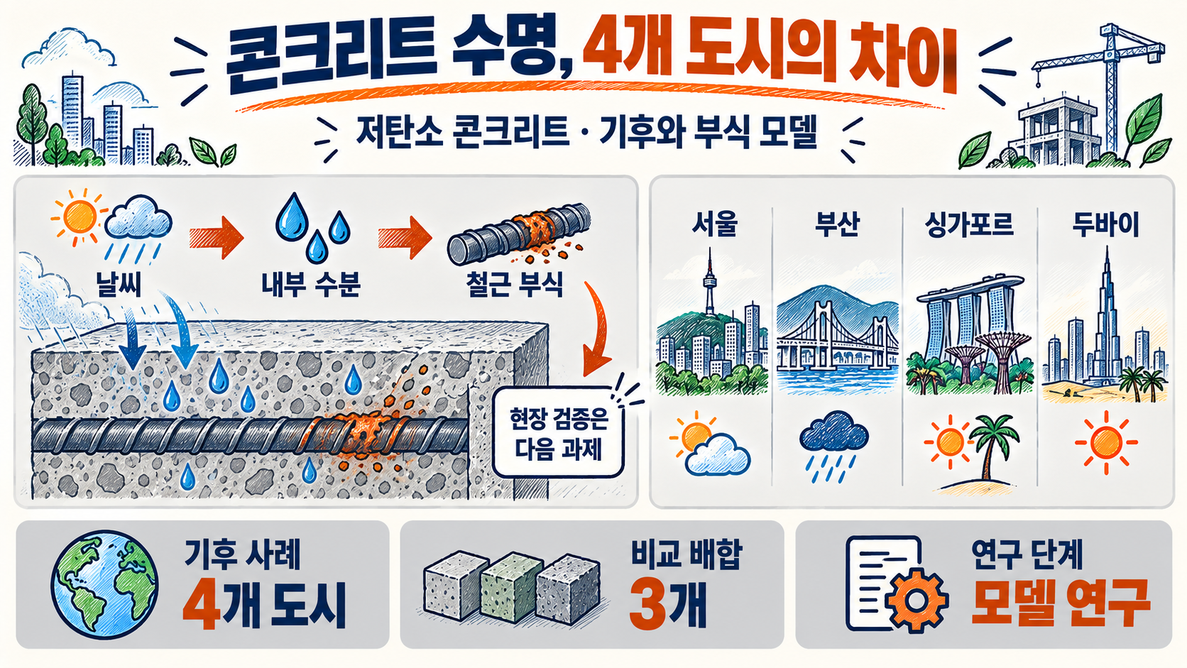 저탄소 콘크리트 수명: 4개 도시와 3개 배합의 기후 기반 부식 모델