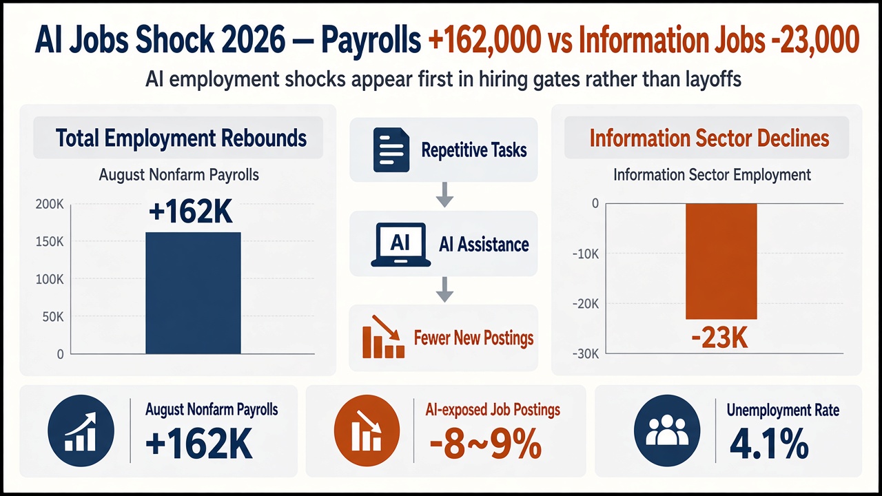 AI Jobs Shock 2026 — Payrolls +162,000 vs Information Jobs -23,000