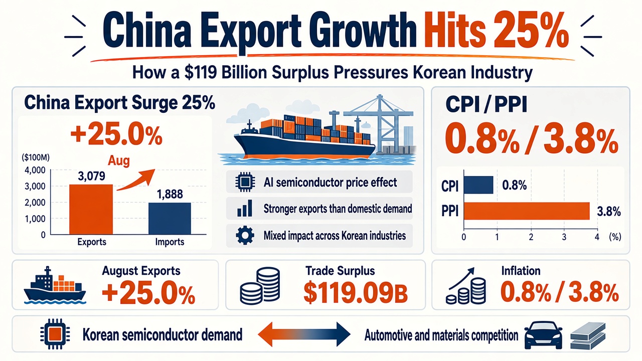 China Export Growth Hits 25% — How a $119 Billion Surplus Pressures Korean Industry
