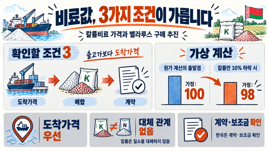 칼륨비료 가격 전달의 3가지 조건과 가상 원가 100에서 98 비교