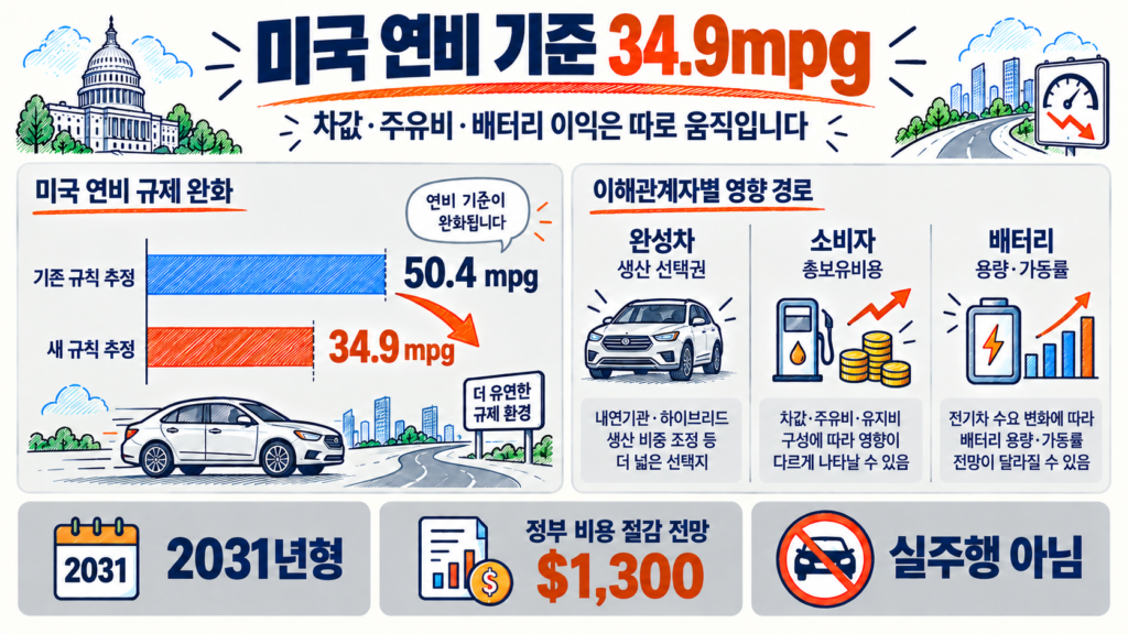 미국 연비 규제 완화: 2031년 34.9mpg와 자동차·배터리의 다른 손익
