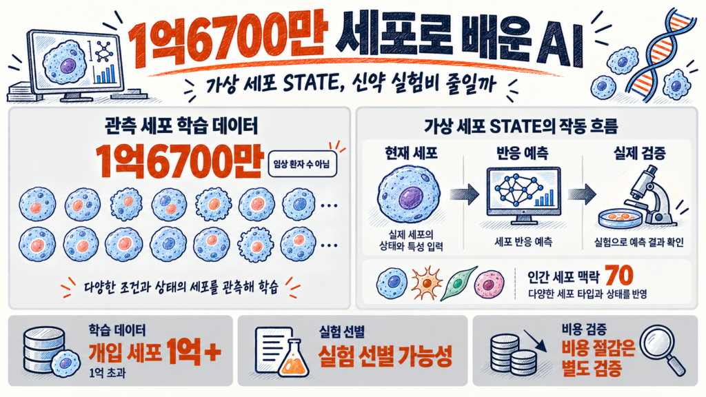 가상 세포 STATE의 1억6700만 관측 세포 학습과 실험 선별 과정