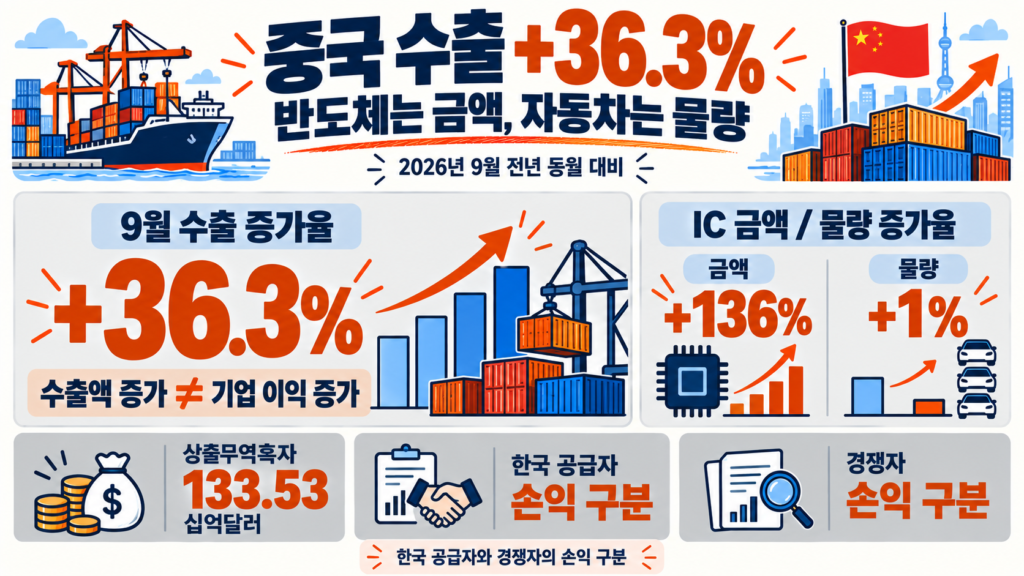 중국 수출 36.3% 증가와 반도체 금액·물량 비교