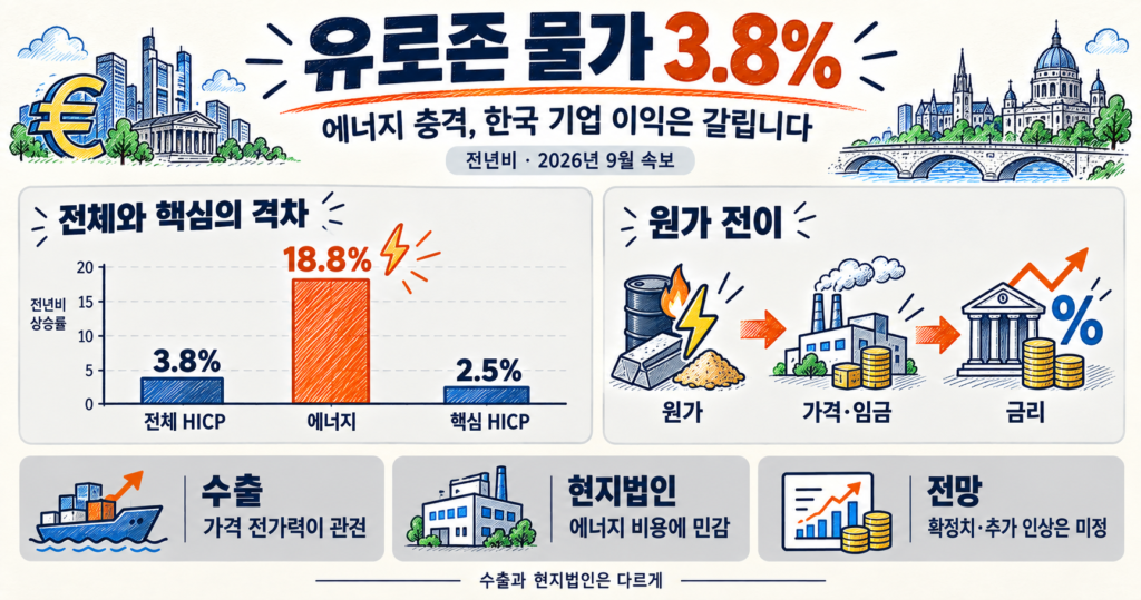 유로존 물가 3.8%·에너지 18.8%·핵심 2.5%, 9월 속보 비교