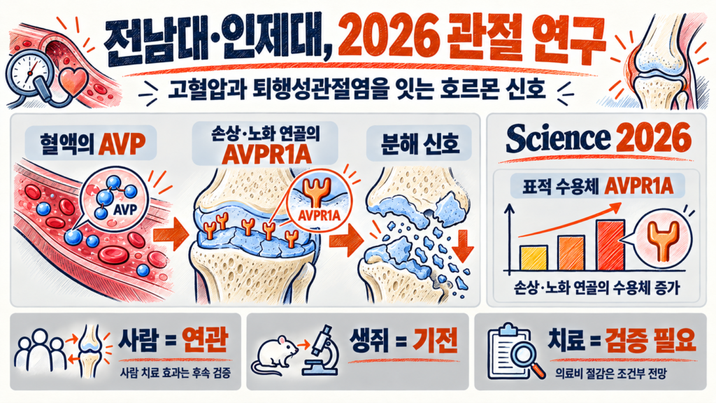 고혈압과 퇴행성관절염을 연결한 전남대·인제대의 2026 Science 연구: AVP와 AVPR1A, 동물 증거와 사람 임상의 차이