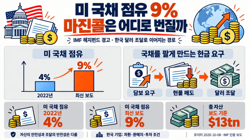 IMF 헤지펀드 경고: 국채 점유율 4%에서 9%, 마진콜과 한국 달러 조달 경로