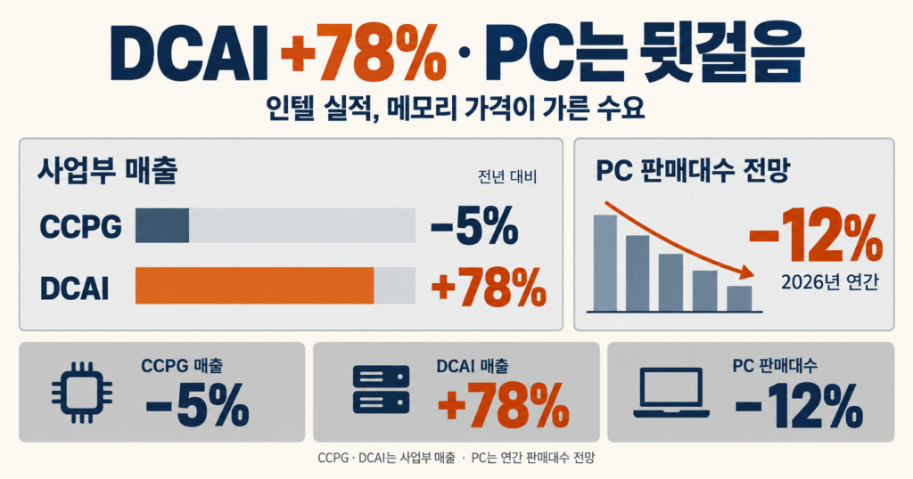 인텔 실적: DCAI 78% 성장과 PC 메모리 비용 부담
