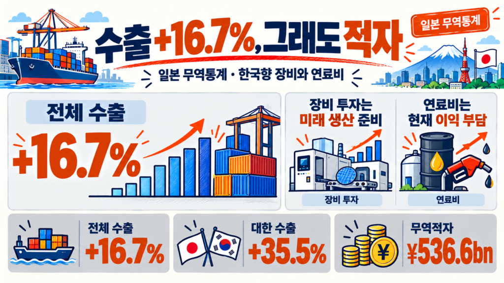 일본 무역통계: 수출 16.7% 증가와 5,366억엔 무역적자