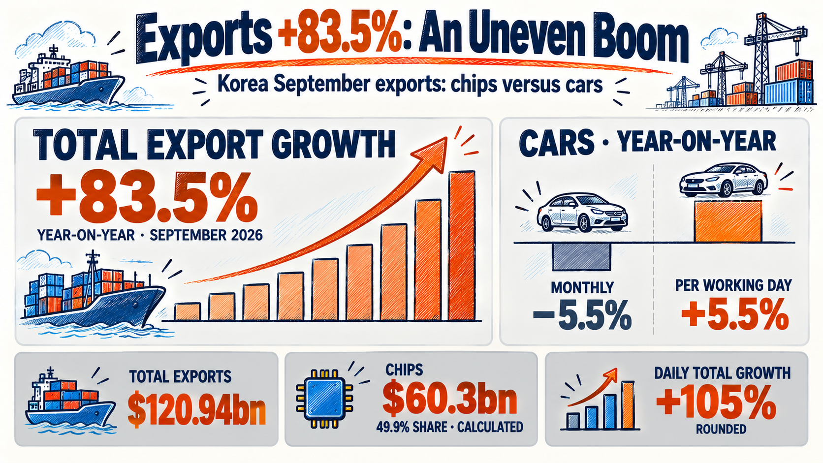 Korea September Exports Hit a Record, Up 83.5%: Why Cars Lag Behind Chips