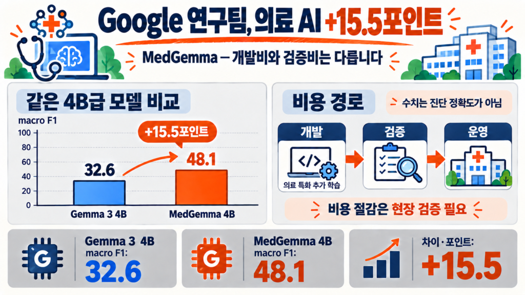 MedGemma 의료 AI: 흉부 X선 macro F1 32.6과 48.1 및 개발·검증 비용 경로