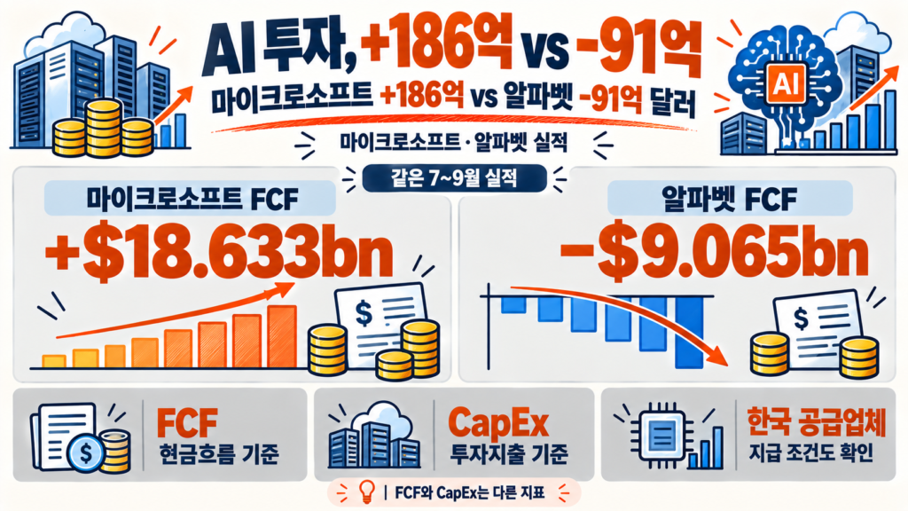 마이크로소프트·알파벳 실적: FCF 186.33억 달러와 -90.65억 달러 비교