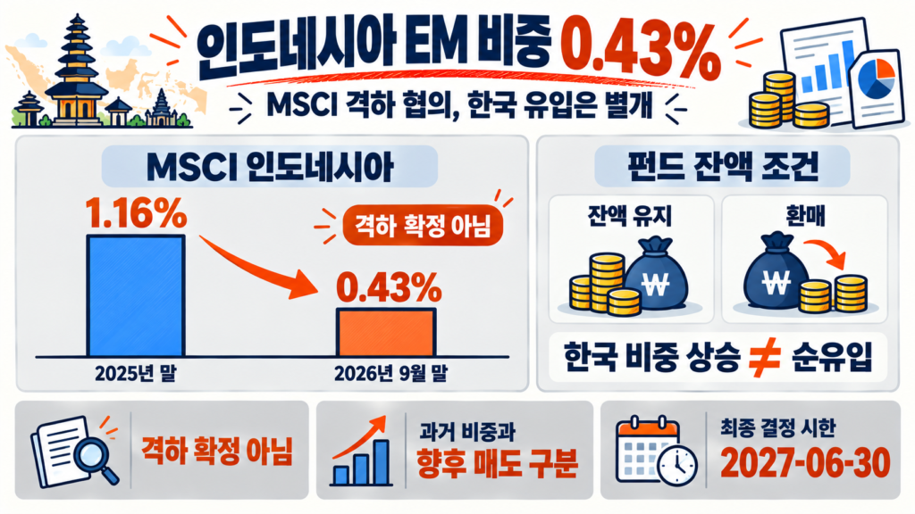 MSCI 인도네시아 격하 협의와 EM 비중 1.16%에서 0.43%로 감소