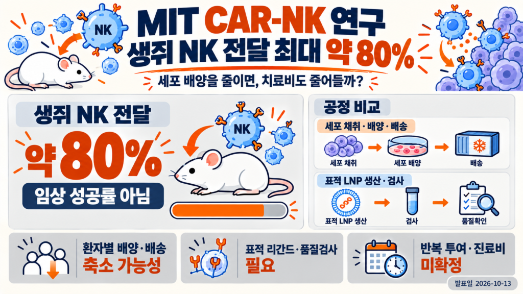 CAR-NK 체내 제조: MIT NtLNP의 생쥐 NK 전달 최대 약 80%와 제조·진료비의 조건