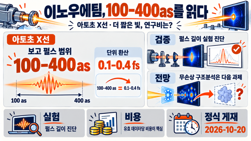 아토초 X선 100–400as 실측: 이노우에팀의 펄스 진단과 연구비 절감 조건