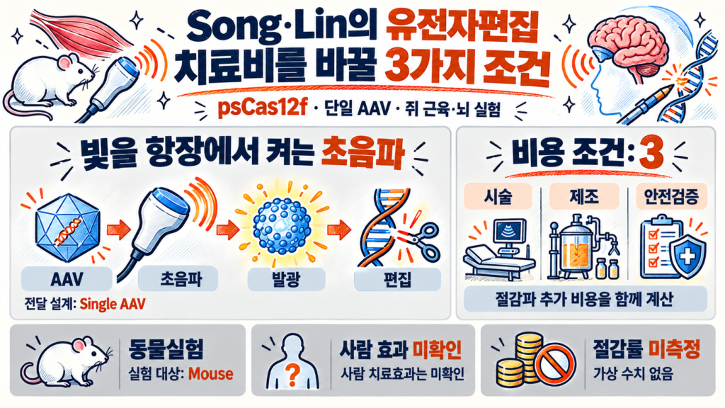 psCas12f 초음파 유전자편집: Song·Lin의 단일 AAV와 치료비 3가지 조건