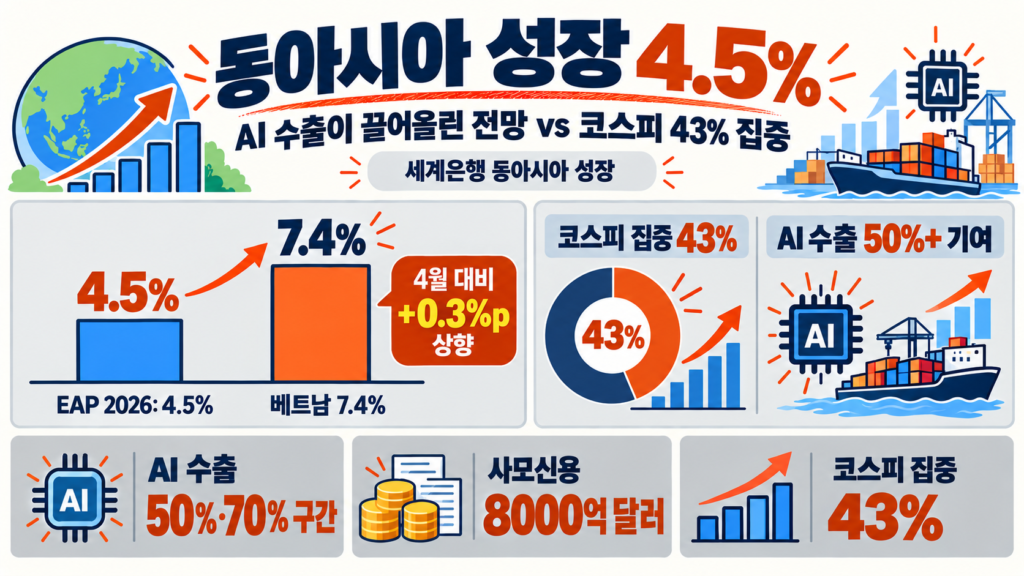 세계은행 동아시아 성장 4.5% 전망과 AI 수출·코스피 43% 집중 인포그래픽